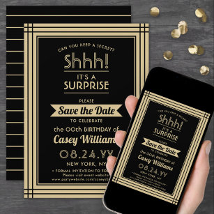 Downloadable Surprise Birthday Party Black & Gold Save The Date