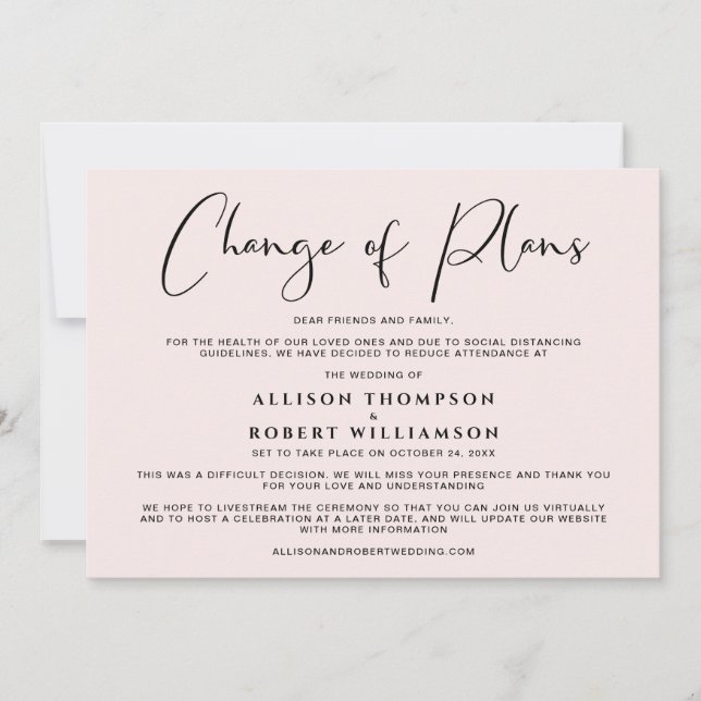 Downsized Wedding Change of Plans Elegant Pink Announcement (Front)