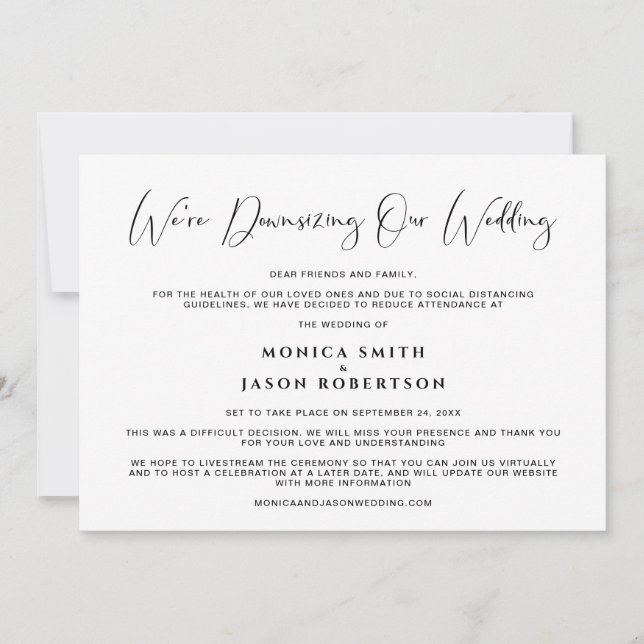 Downsizing Our Wedding Elegant Calligraphy Announcement (Front)