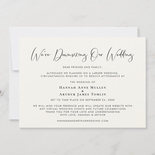 Downsizing Our Wedding Elegant Calligraphy Cream Announcement (Front)