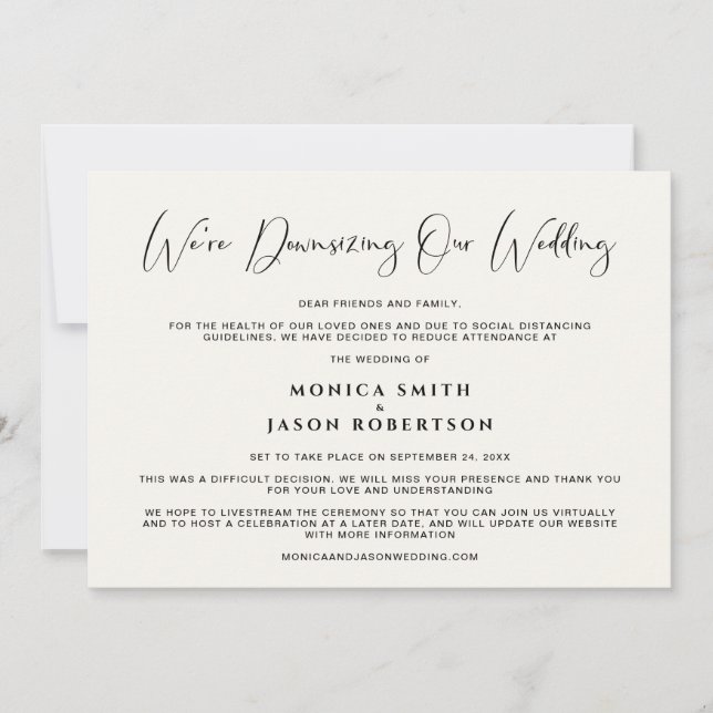 Downsizing Our Wedding Elegant Calligraphy Cream Announcement (Front)