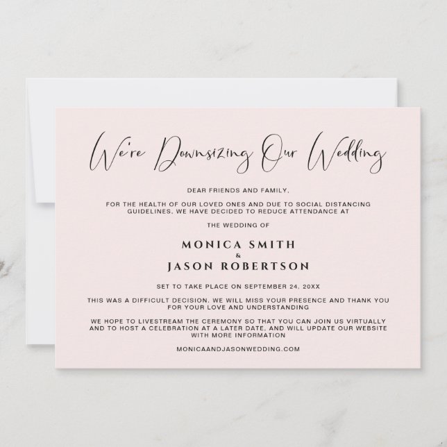 Downsizing Our Wedding Elegant Calligraphy Pink Announcement (Front)