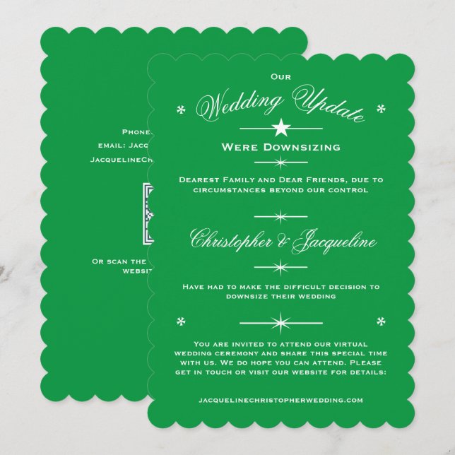 Downsizing Wedding Update Elegant Emerald Green Announcement (Front/Back)