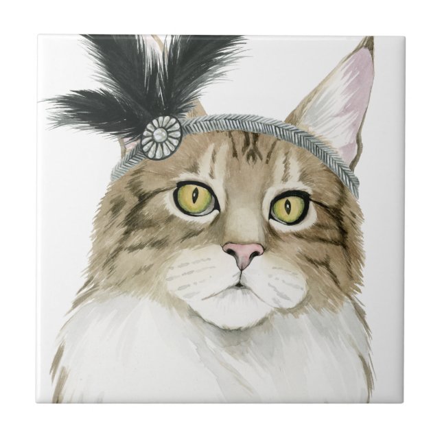 Downton Cat | Adorned With Feathers Ceramic Tile (Front)