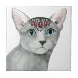 Downton Cat | Bejeweled Ceramic Tile<br><div class="desc">This watercolor print features a grey cat adorned with jewels | By Grace Popp</div>