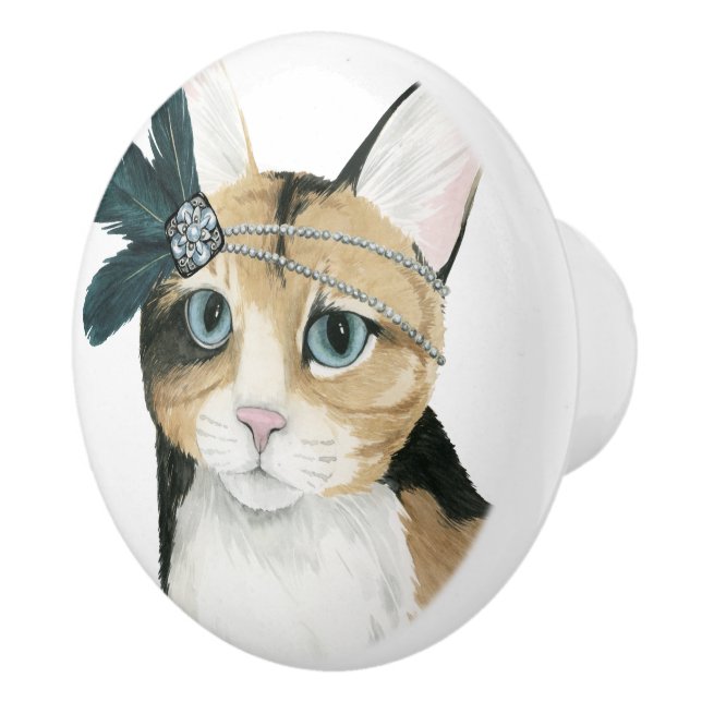 Downton Cat | Bejeweled With Feathers Ceramic Knob (Right)