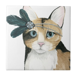 Downton Cat Bejeweled With Feathers Ceramic Tile