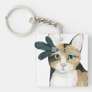Downton Cat Bejeweled With Feathers Key Ring
