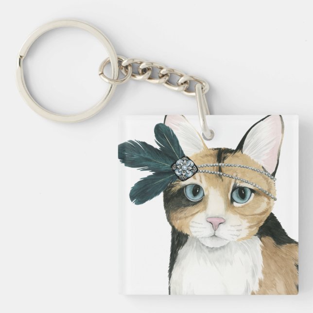 Downton Cat | Bejeweled With Feathers Key Ring (Front)