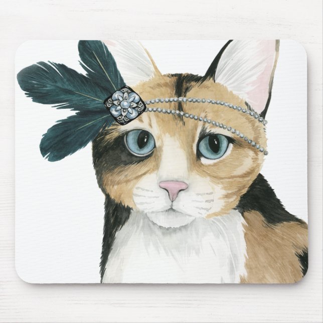 Downton Cat | Bejeweled With Feathers Mouse Pad (Front)