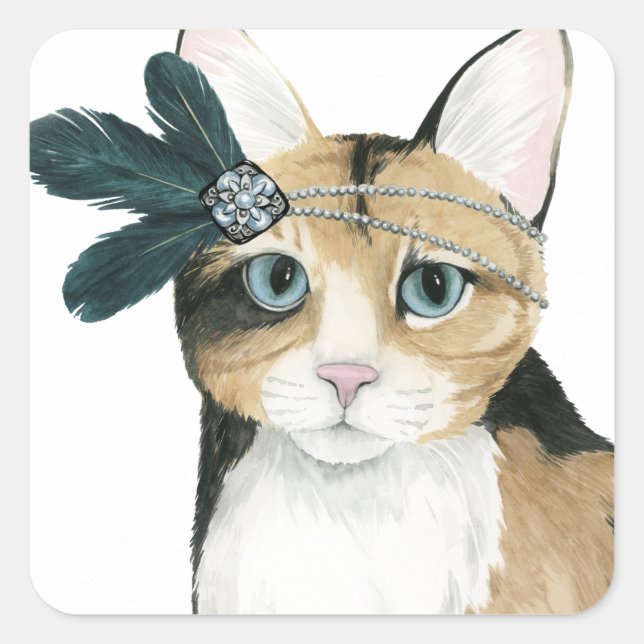 Downton Cat | Bejeweled With Feathers Square Sticker (Front)