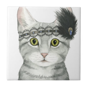 Downton Cat   Bejeweled With Lace Ceramic Tile