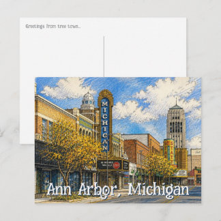 Downtown Ann Arbor, Michigan Hand Drawn Style Postcard