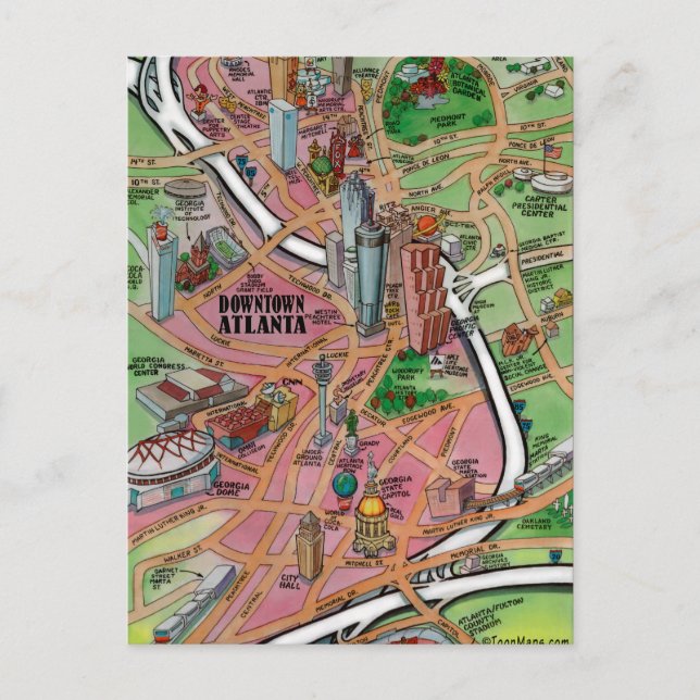Downtown Atlanta Georgia Cartoon Map Postcard (Front)