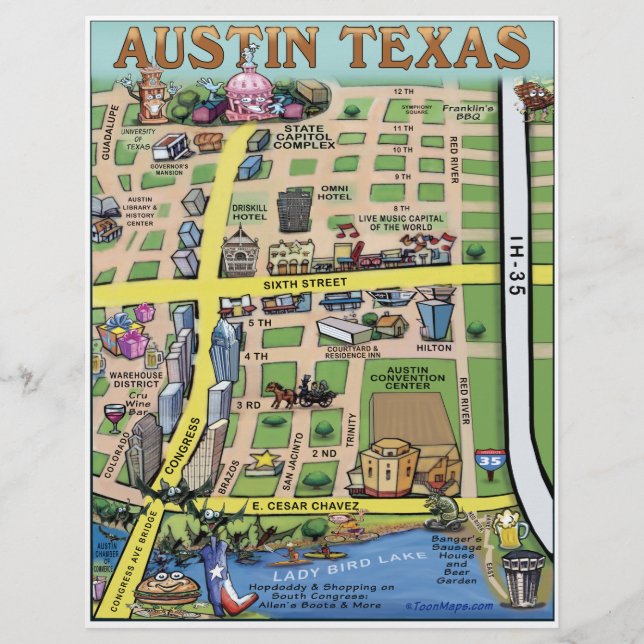 Downtown Austin Texas Cartoon Map Flyer (Front)