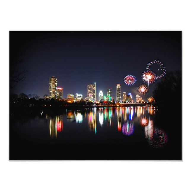Downtown Austin Texas Night Skyline Fireworks Photo Print (Front)