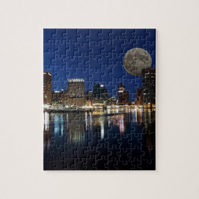Downtown Baltimore Maryland Dusk Skyline Moon Jigsaw Puzzle (Vertical)
