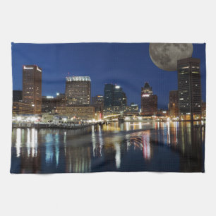 Downtown Baltimore Maryland Dusk Skyline Moon Tea Towel