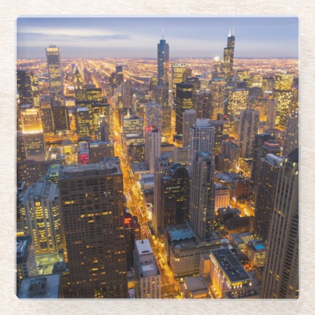 Downtown Chicago skyline at dusk Glass Coaster (Front)