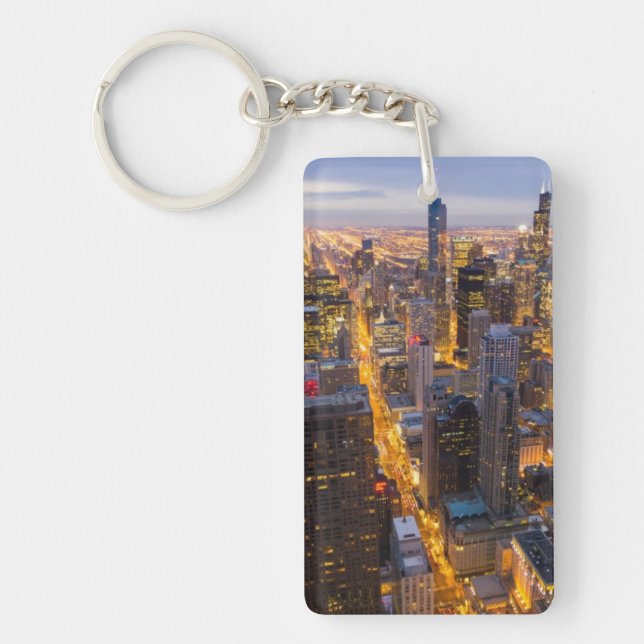 Downtown Chicago skyline at dusk Key Ring (Front)