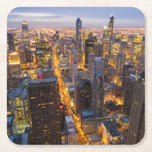 Downtown Chicago skyline at dusk Square Paper Coaster