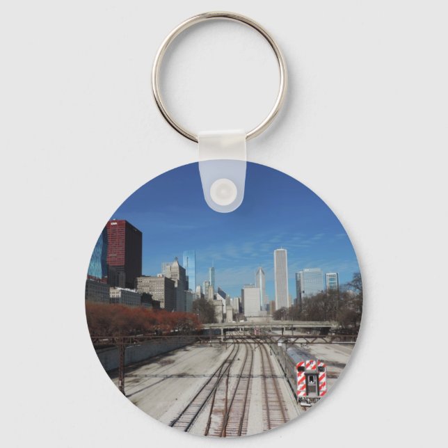 Downtown Chicago with train tracks Key Ring (Front)