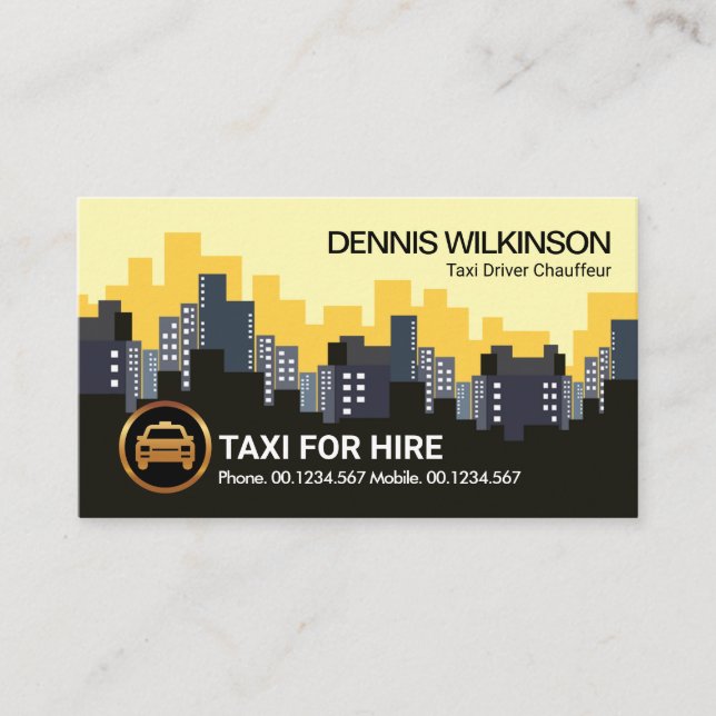 Downtown City Skyline Yellow Taxi Cab Driver Business Card (Front)