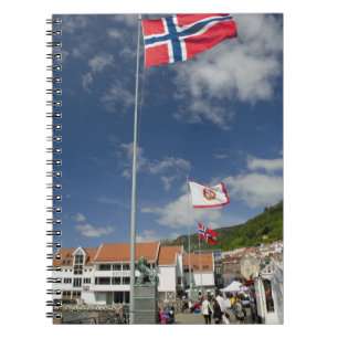 Downtown historic port area of Bergen wth flags Notebook