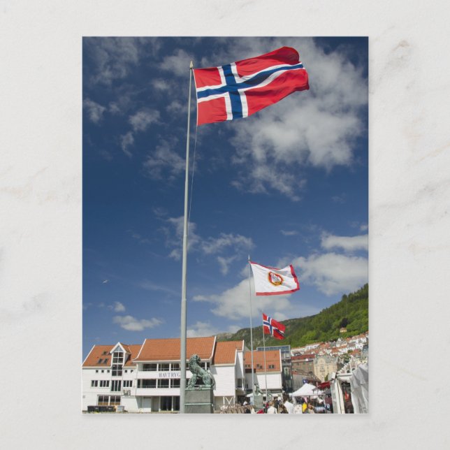 Downtown historic port area of Bergen wth flags Postcard (Front)