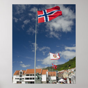 Downtown historic port area of Bergen wth flags Poster