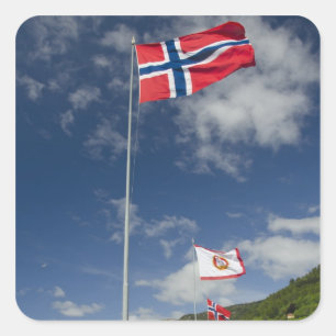 Downtown historic port area of Bergen wth flags Square Sticker