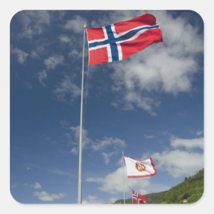 Downtown historic port area of Bergen wth flags Square Sticker