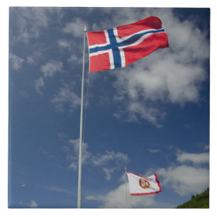 Downtown historic port area of Bergen wth flags Tile