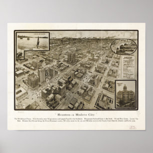 Downtown Houston Texas 1912 Antique Panoramic Map Poster
