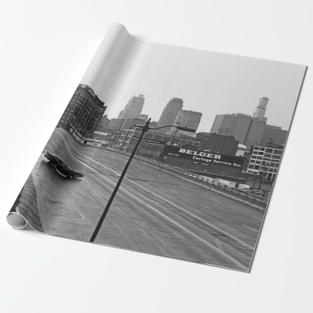 Downtown Kansas City Skyline–Black and White Photo Wrapping Paper (Unrolled)