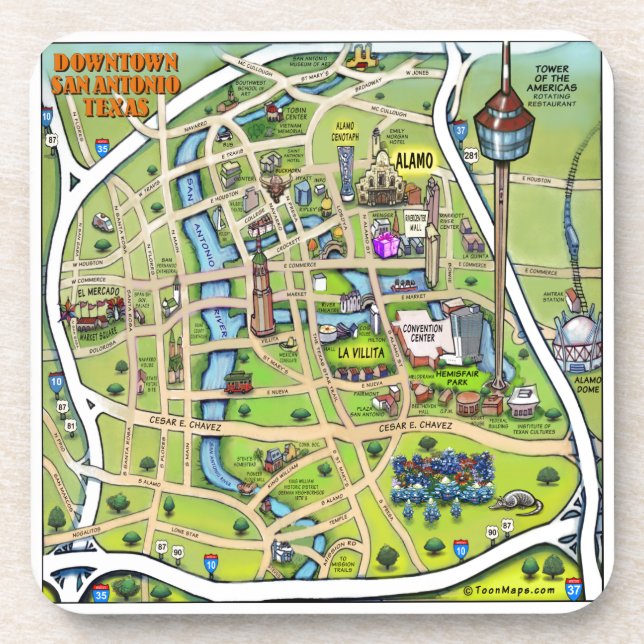 Downtown San Antonio Cartoon Map Coaster (Front)