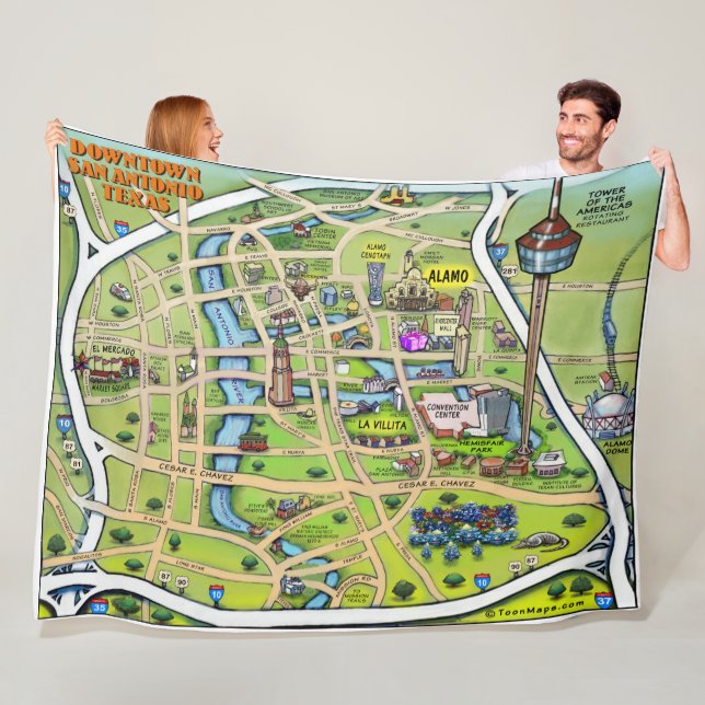 Downtown San Antonio Texas Fun Map Fleece Blanket (In Situ)