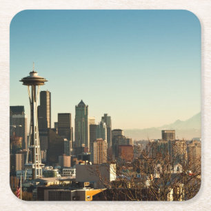 Downtown Seattle skyline and Space Needle Square Paper Coaster