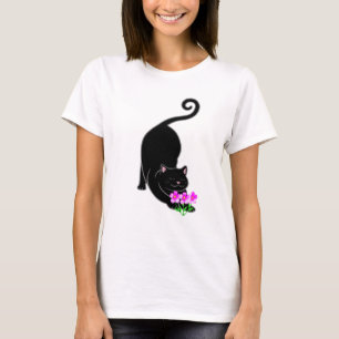 Downward black kitty cat & pink flowers T-Shirt