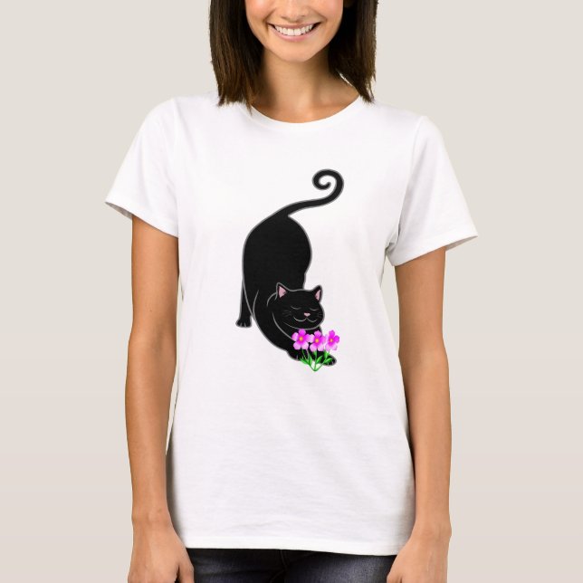 Downward black kitty cat & pink flowers T-Shirt (Front)