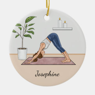 Downward Dog Pose Yoga Woman And Custom Name Ceramic Ornament