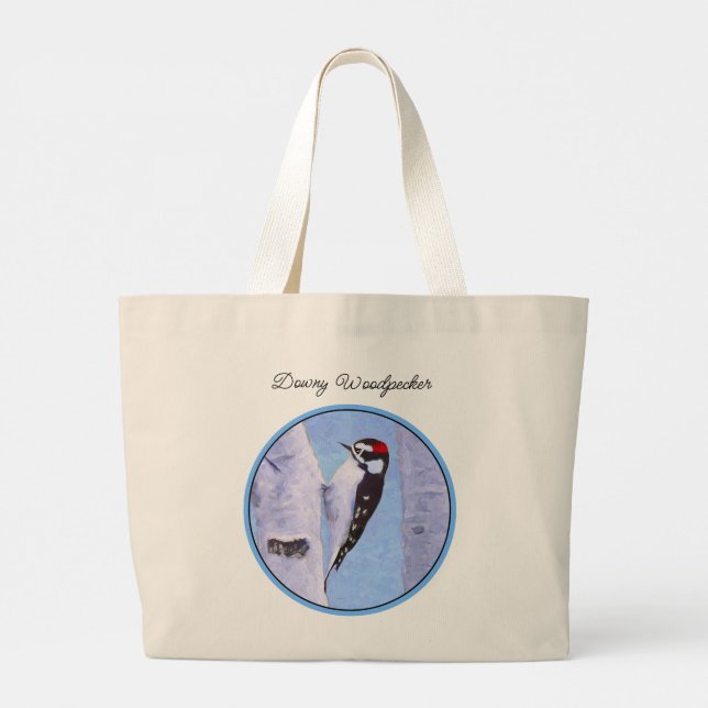 Downy Woodpecker Aspen Painting Original Bird Art Large Tote Bag (Back)