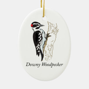 Downy Woodpecker Illustration Ceramic Tree Decoration