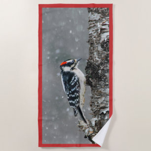 Downy Woodpecker in Snow - Original Photograph Beach Towel
