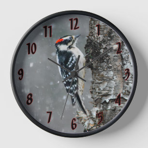 Downy Woodpecker in Snow - Original Photograph Clock