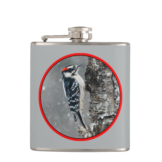 Downy Woodpecker in Snow - Original Photograph Hip Flask (Front)