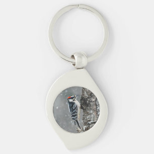 Downy Woodpecker in Snow - Original Photograph Key Ring