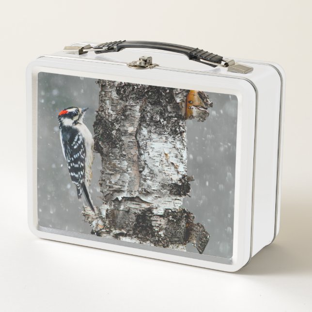 Downy Woodpecker in Snow - Original Photograph Metal Lunch Box (Front)