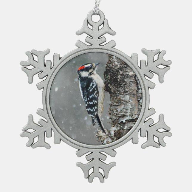 Downy Woodpecker in Snow - Original Photograph Snowflake Pewter Christmas Ornament (Front)