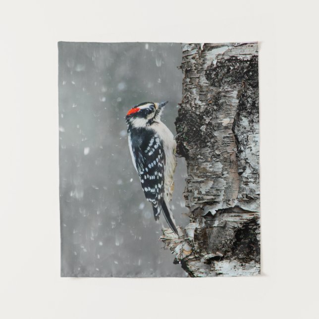 Downy Woodpecker in Snow - Original Photograph Tapestry (Front)